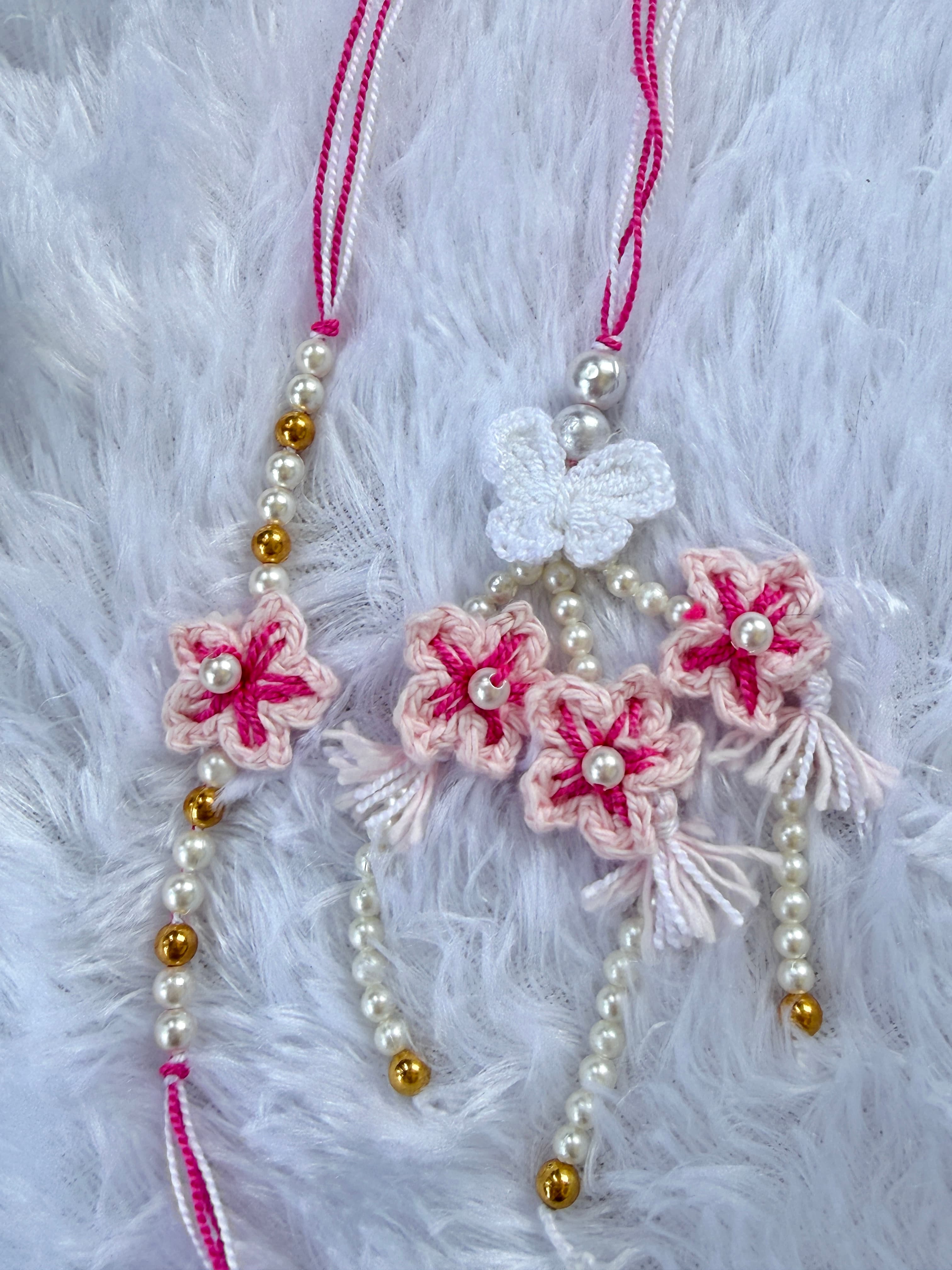 Pink Floral Bhaiya–Bhabhi Rakhi Set handmade crochet product image 1
