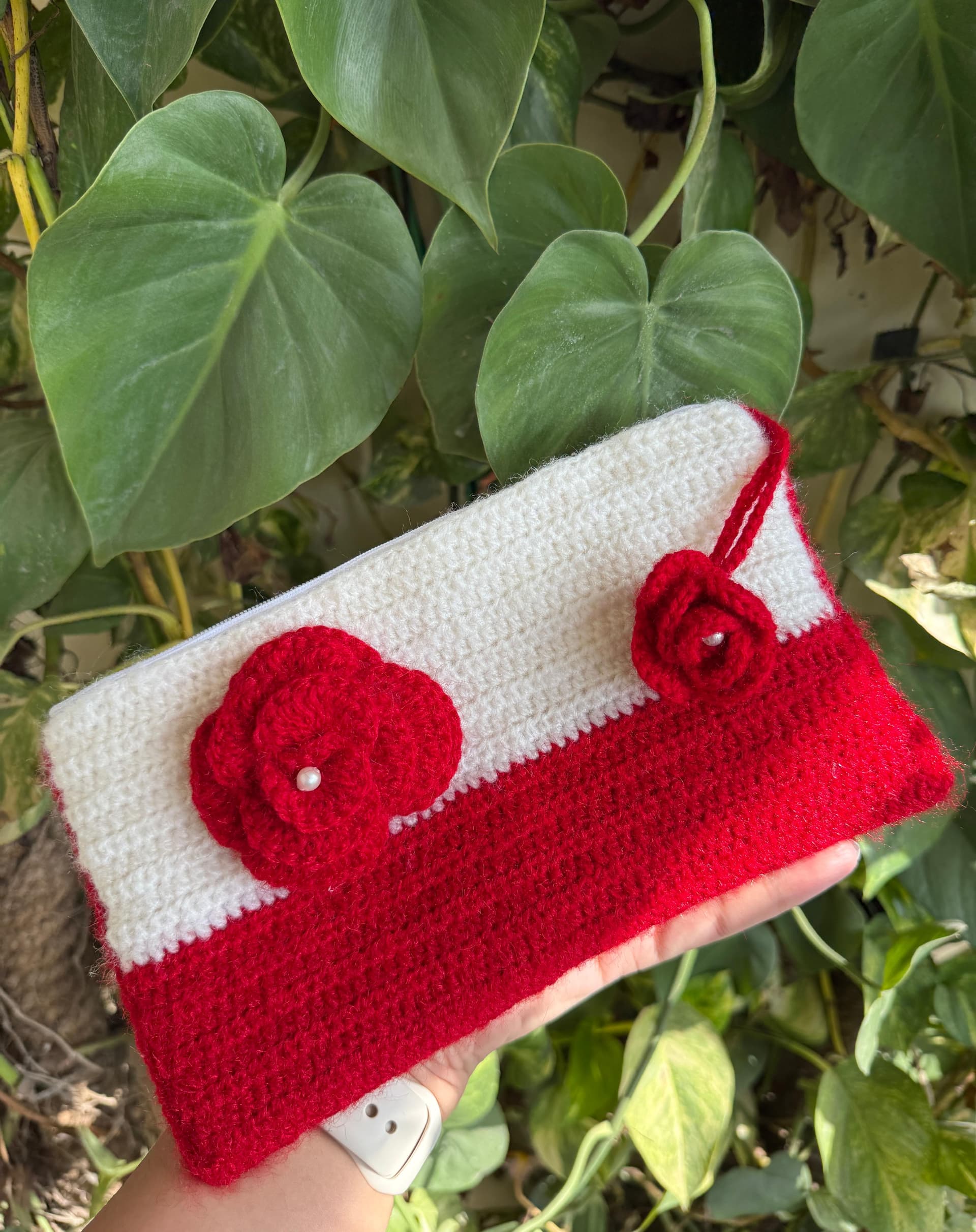 Scarlet Bloom Crochet Pouch