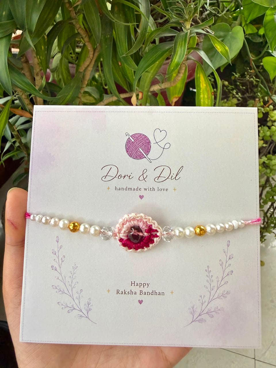Crochet Flower Pearl Rakhi – Handmade Pink Floral Rakhi for Brother handmade crochet product image 1
