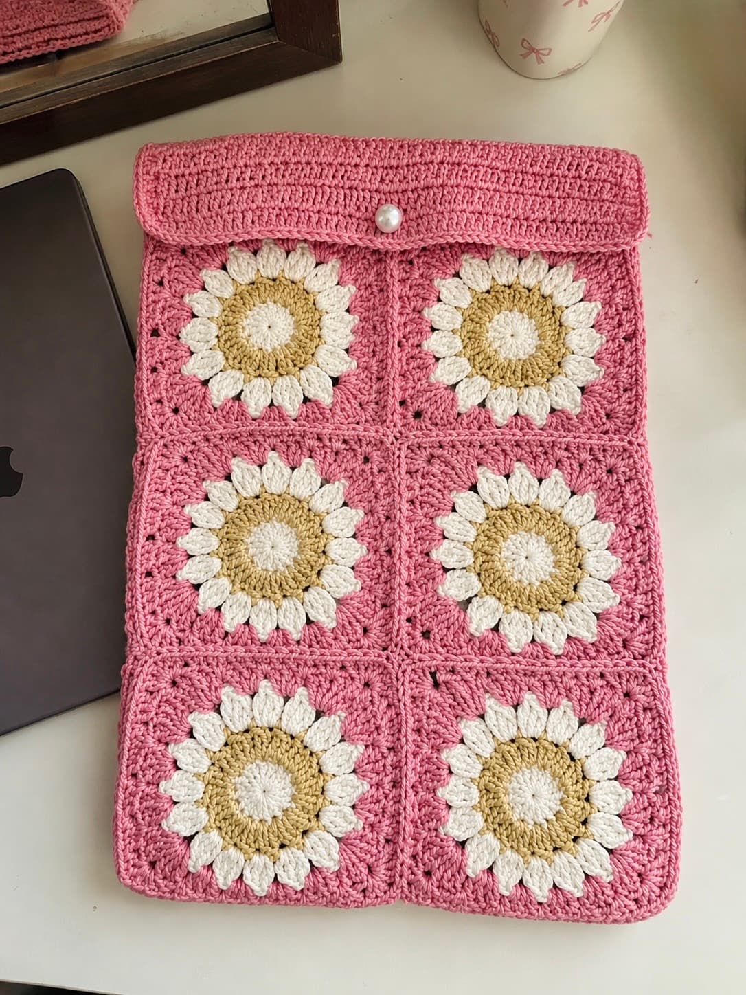 Daisy Crochet iPad Sleeve – Pink & Cream handmade crochet product image 1