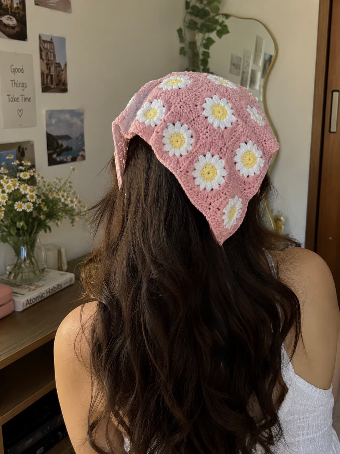 Daisy Crochet Bandana – Pink handmade crochet product image 1
